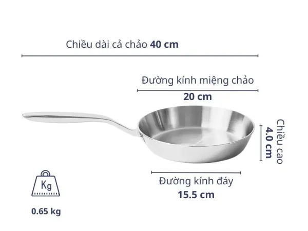 Chảo đúc inox 3 lớp đáy liền Tri-Ply Kaiyo KIP20 size 20cm
