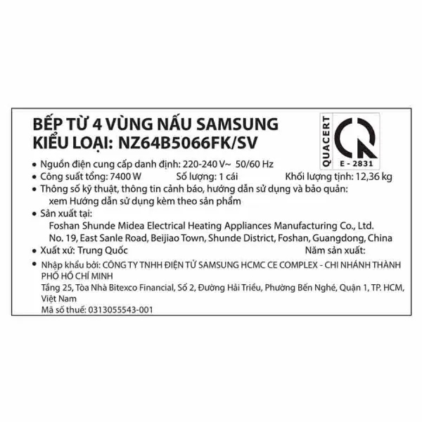 Bếp từ 4 vùng nấu Samsung NZ64B5066FK/SV