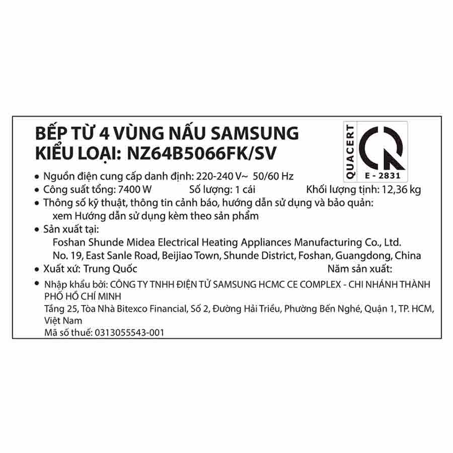 Bếp từ 4 vùng nấu Samsung NZ64B5066FK/SV