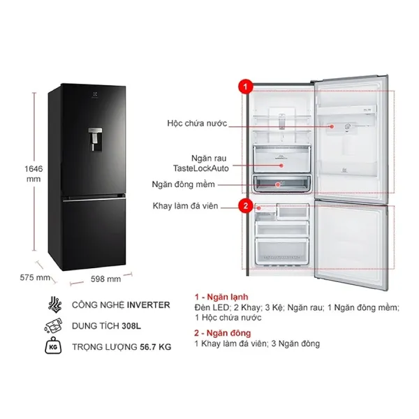 Tủ lạnh Electrolux Inverter 308 lít EBB3462K-H
