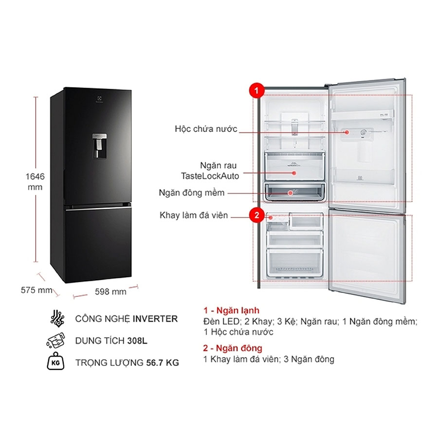Tủ lạnh Electrolux Inverter 308 lít EBB3462K-H