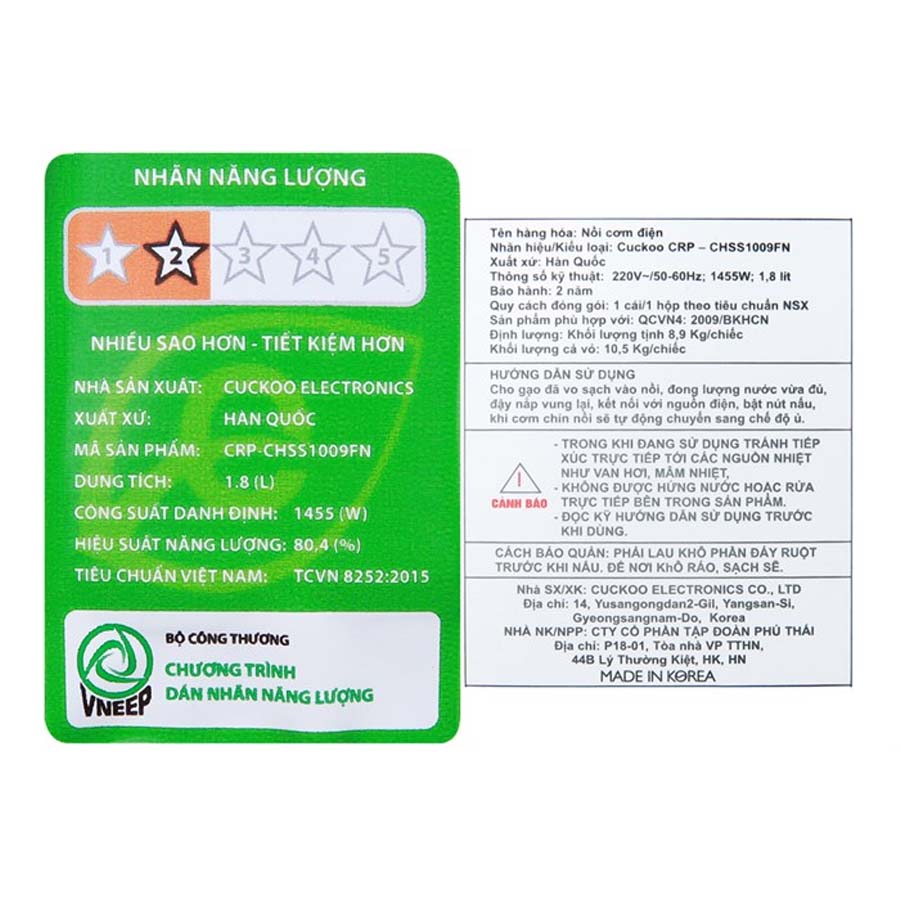 Nồi cơm điện cao tần Cuckoo 1.8 lít CRP- CHSS1009FN