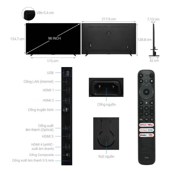 Google Tivi QLED TCL AI 4K 98 inch 98C69B
