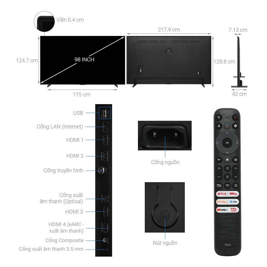 Google Tivi QLED TCL AI 4K 98 inch 98C69B