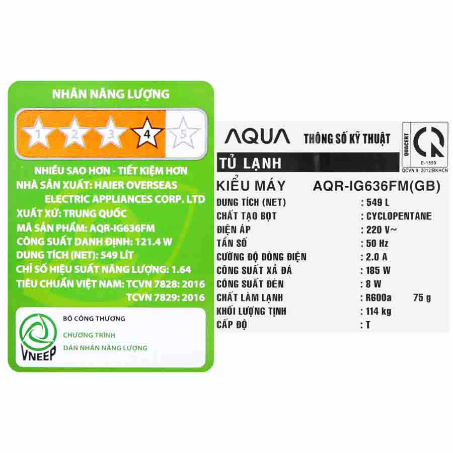 Tủ lạnh Aqua Inverter 549 lít Multi Door AQR-IG636FM(GB)