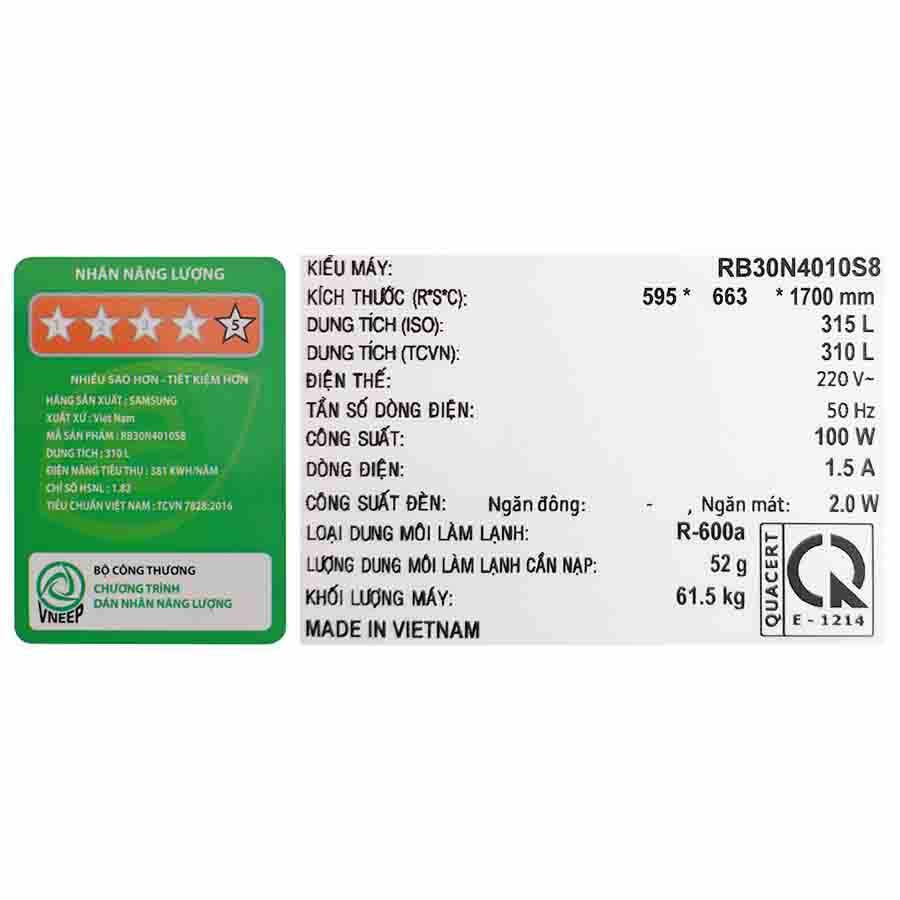 Tủ lạnh Samsung Inverter 310 lít RB30N4010S8/SV