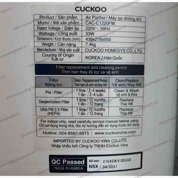 Máy Lọc không khí Cuckoo CAC-C1220FW