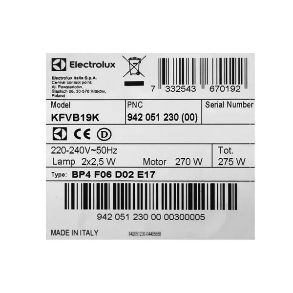 Máy hút mùi kính vát Electrolux KFVB19K