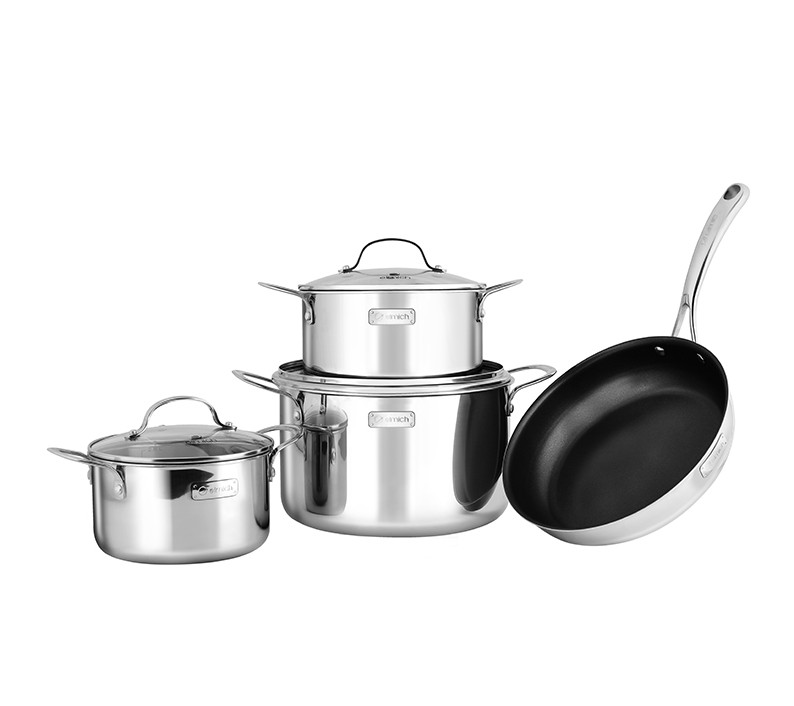 Bộ nồi chảo inox cao cấp 3 lớp đáy liền Trimax 4 chiếc size 18cm, 20cm, 26cm và chảo 26cm - toàn cảnh sản phẩm